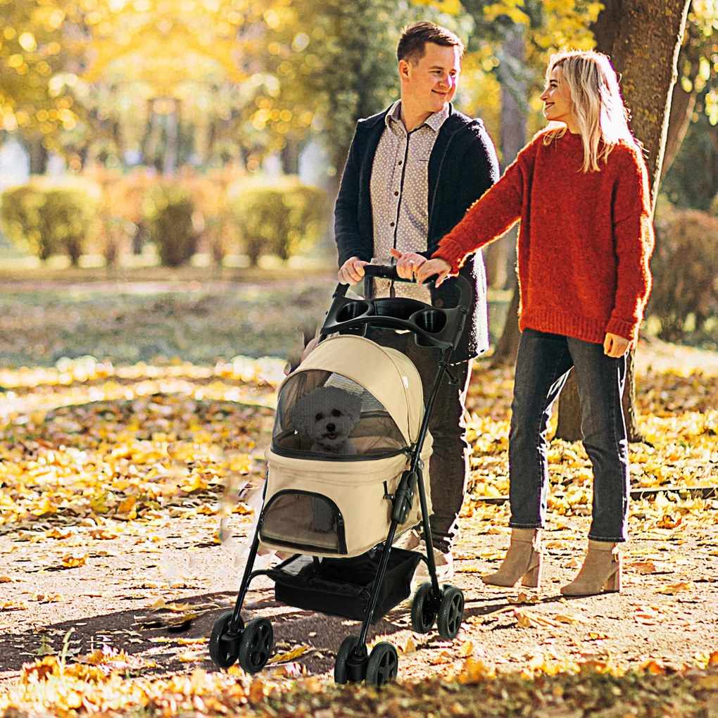 Outsunny Wózek dla psa składany z 2 pasami bezpieczeństwa do 20 kg khaki | Aosom PL