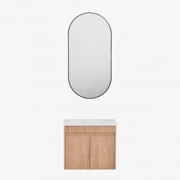 Zestaw Wiszących Mebli Łazienkowych Zintegrowany Z Umywalką Narek Popielaty Brąz & Owalna Osłona Led I Przeciwmgielna Czarny - Sklum