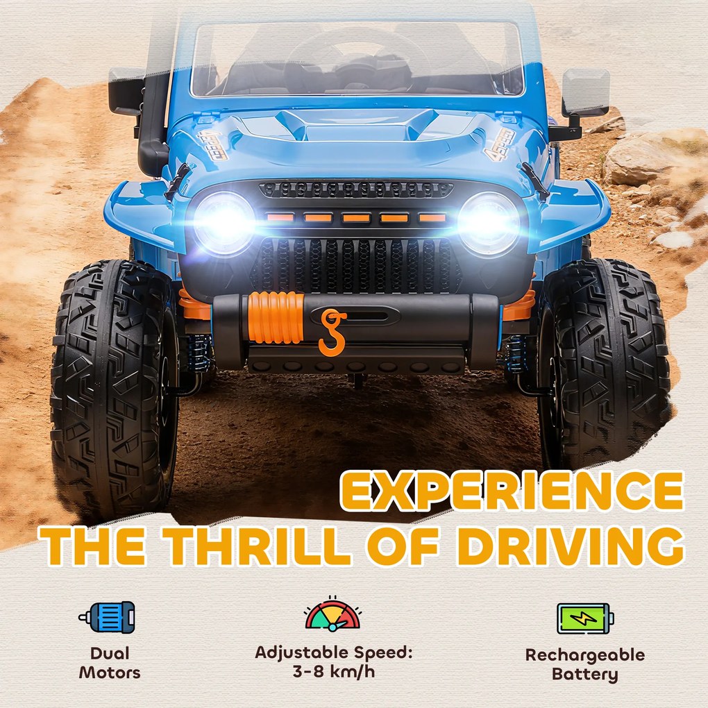 AIYAPLAY Pojazd elektryczny dla dzieci, akumulator 12V, z fotelem rodzic-dziecko, zdalnie sterowany, muzyka, klakson, światła LED, 3-8 lat, niebieski