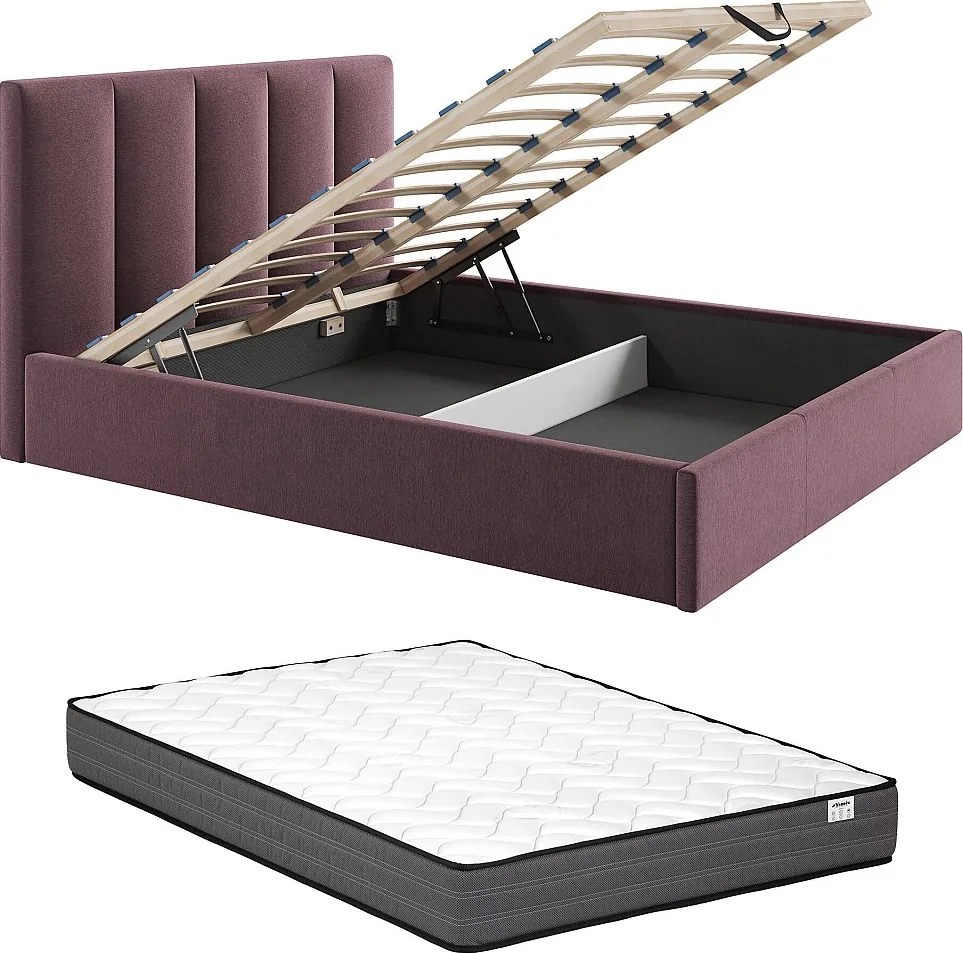 Łóżko ze skrzynią 180 x 200 cm z zagłówkiem z pionowymi przeszyciami - Tkanina - Bordowy + Materac - KILACLO