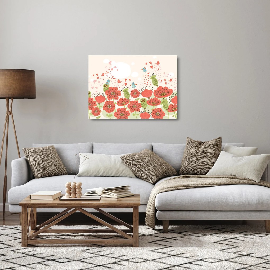 Obraz na szkle - Ptaszki na kwitnącej łące (70x50 cm)
