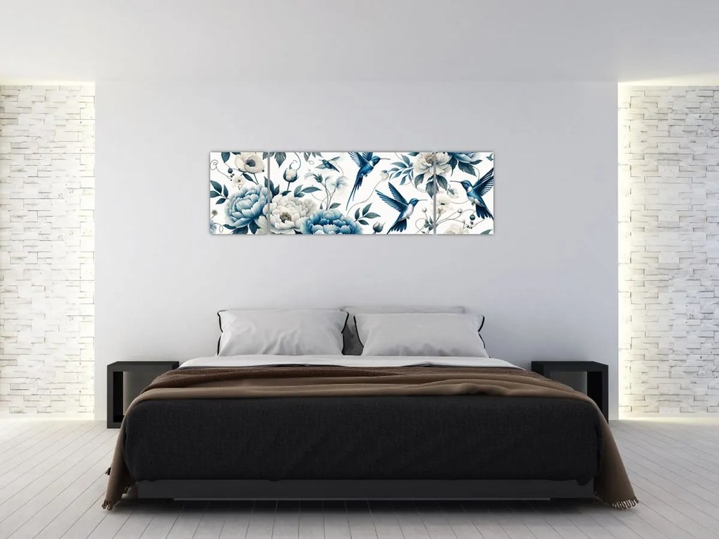 Obraz - Kolibry z kwiatami (170x50 cm)