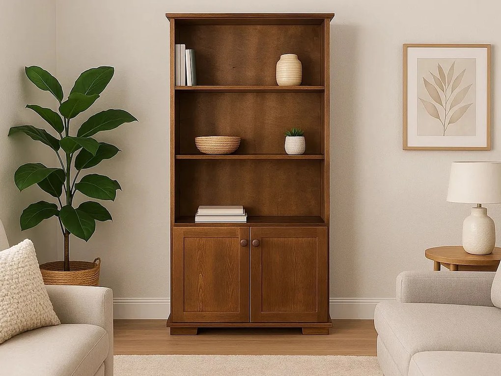 Regał drewniany z drzwiczkami i półkami Modern III, kolor kasztan