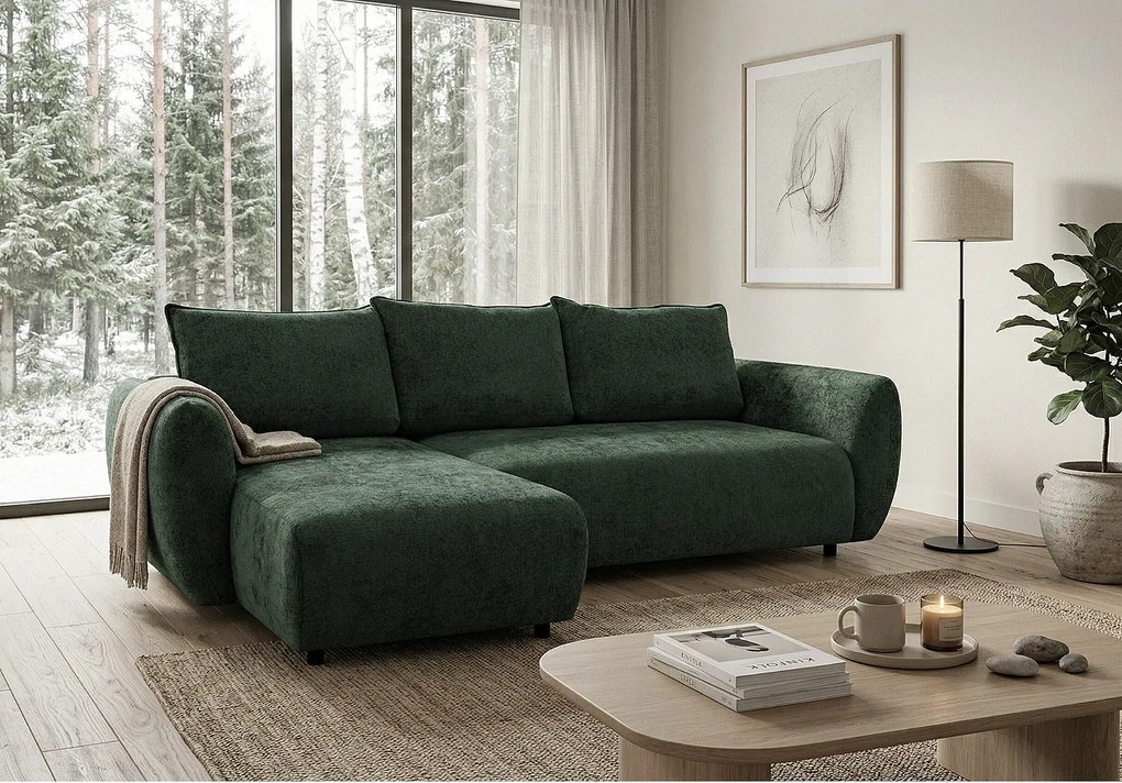 Stylowy narożnik rozkładany lewostronny ZEPHIRA 258x170 cm w tkaninie FLOW 19 zielonej