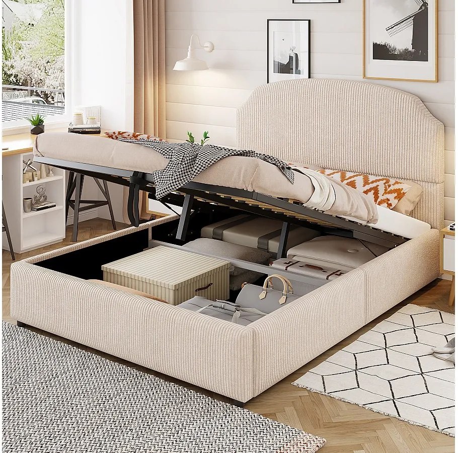 Łóżko tapicerowane ze schowkiem - 140 x 200 cm - z hydraulicznym schowkiem + zagłówek - MDF + metal + sklejka - beżowe