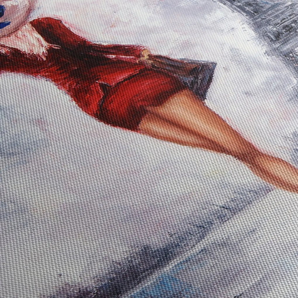 Obraz - Kobieta i wieża Eiffla (z zegarem) (90x30 cm)