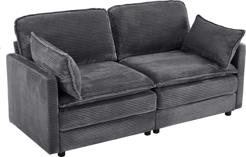 Szara sofa 2-osobowa - Prosta sofa z oparciem i poduszkami - sztruks - do salonu i sypialni