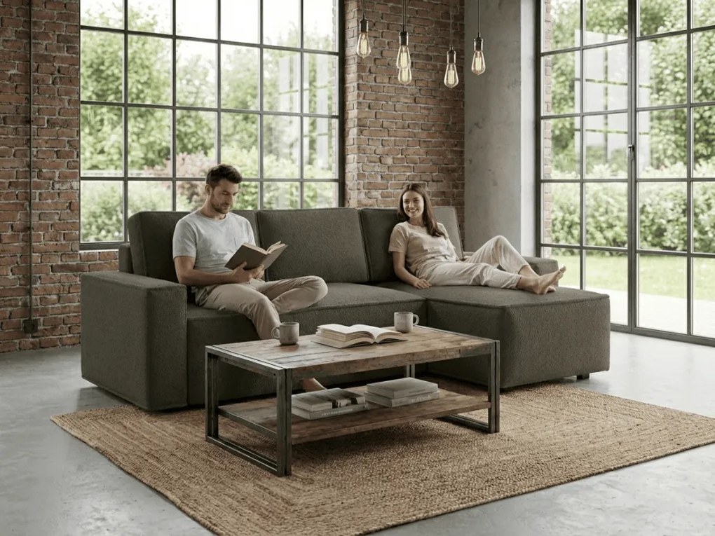 Rozkładana narożna sofa SMART BOUCLE 232x143 cm, szarobrązowa, uniwersalna