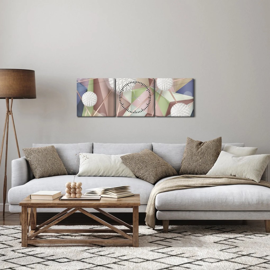 Obraz - Abstrakcja 3D w pastelowych kolorach (z zegarem) (90x30 cm)