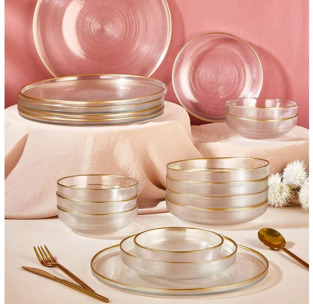 18‑częściowy zestaw obiadowy — przezroczyste szkło ze złotym wykończeniem
