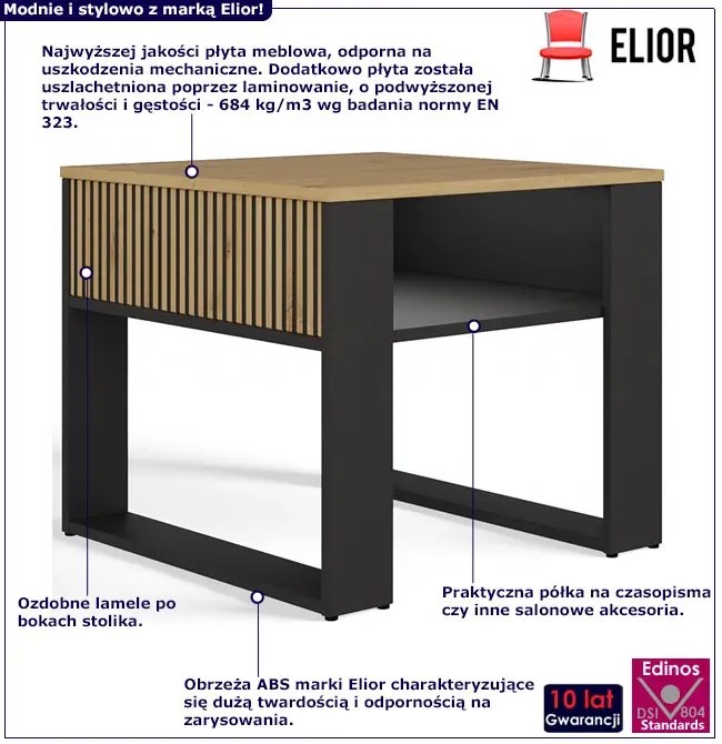 Kwadratowy stolik kawowy z lamelami dąb artisan + czarny - Vivo