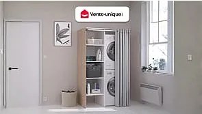 Szafka do pralni na 2 urządzenia z zasłoną - Naturalny jasny - szer. 111 x wys. 184 cm - JAZANO