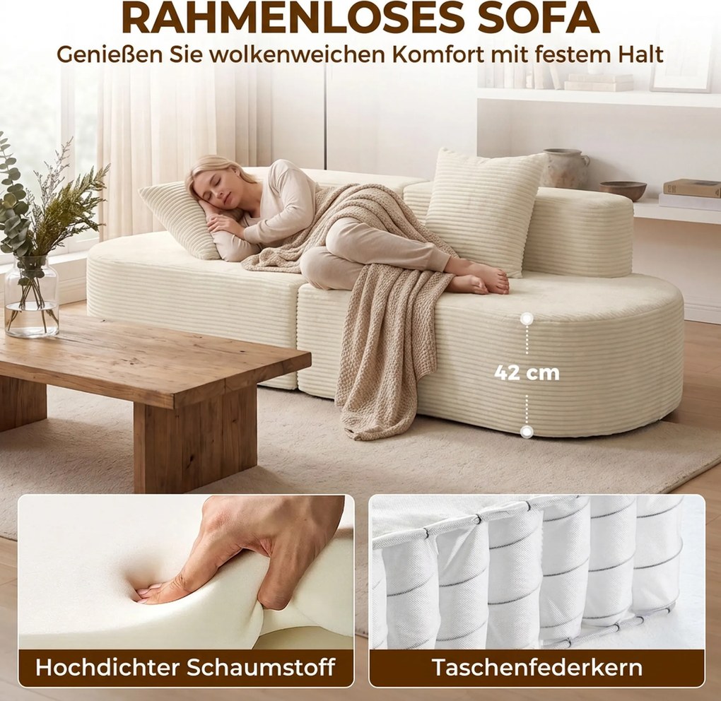 HOMCOM Sofa 3-osobowa, modułowa sofa Cloud bez stałego stelaża, szerokie i głębokie siedzisko, wkład ze sprężyn, sztruksowe obicie, beżowy | Aosom PL