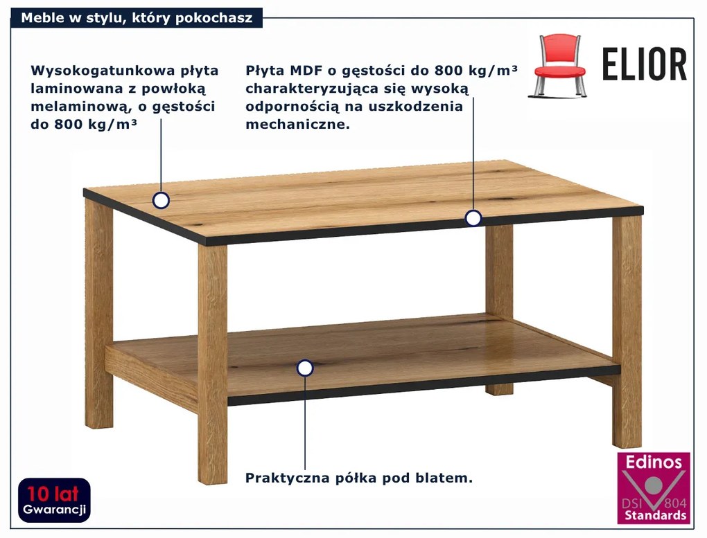 Prostokątna ława z półką dąb evok + czarny G0-R94