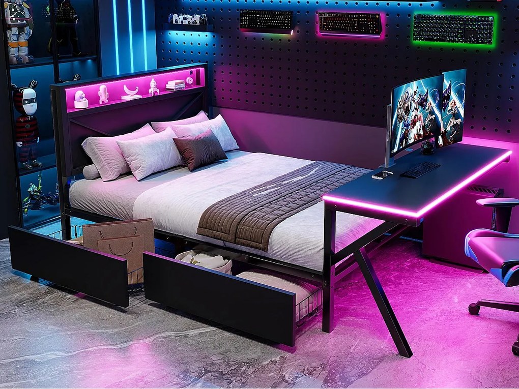 Podwójne łóżko metalowe 140x200cm - z wezgłowiem LED - 2 szuflady i biurko z oświetleniem LED - Czarny​ (Materac nie jest wliczony w cenę)