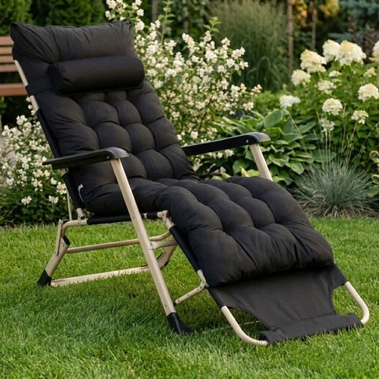 Leżak ogrodowy, składany, z poduszką Malta 010, czarny/złoty