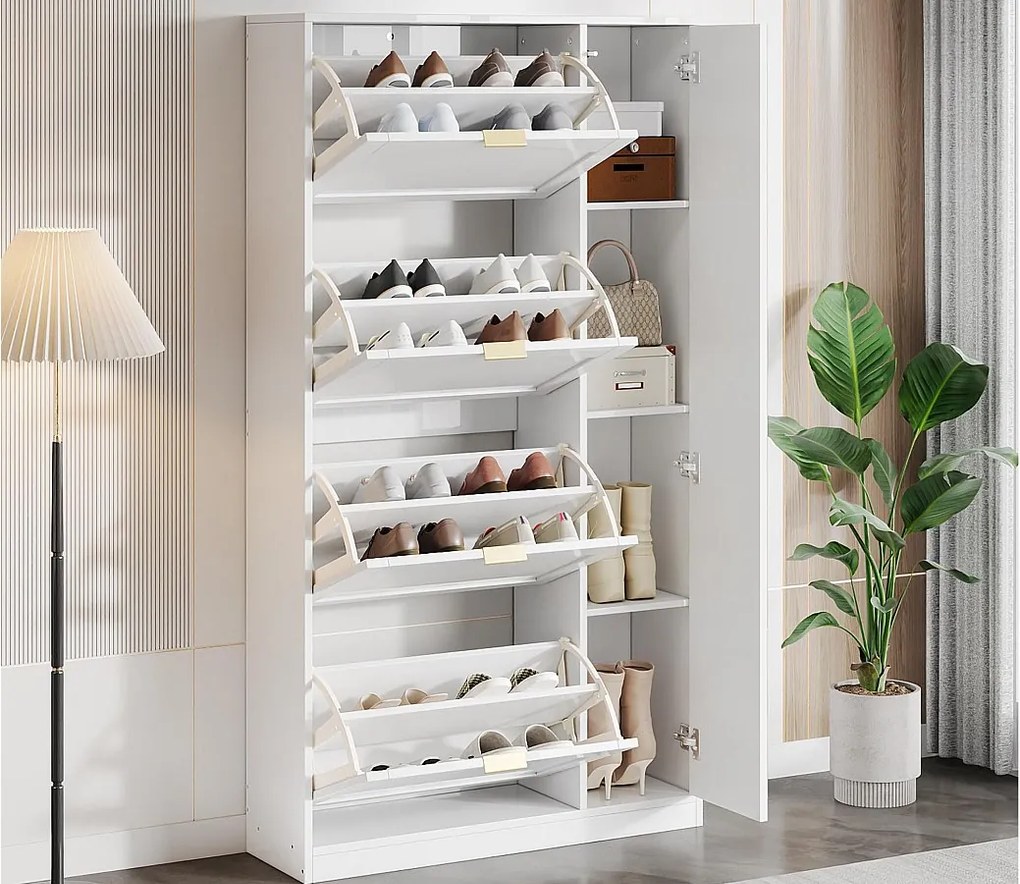 Nowoczesna szafka na buty - z lustrem + 4 uchylne przegródki - Biała