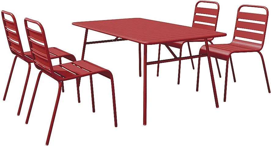 Metalowy zestaw jadalniany do ogrodu – stół o długości 160 cm i 4 krzesła sztaplowane – czerwony – MIRMANDE od MYLIA