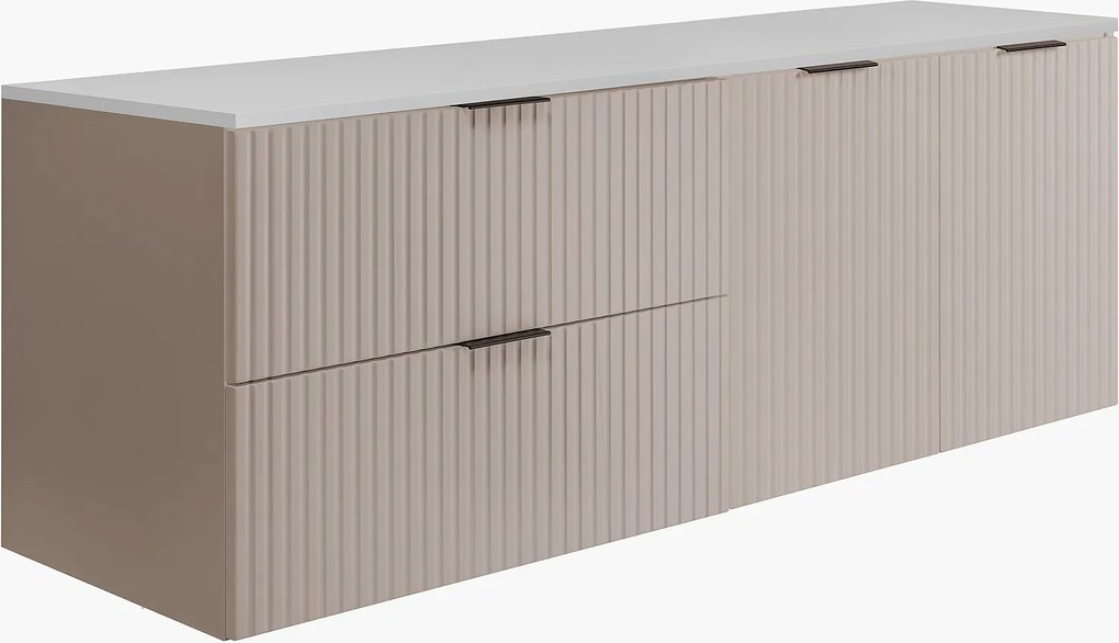 Zestaw łazienkowy: szafka z szufladami i szafka z drzwiami 57×46×160 cm, kolor: kaszmir / blat biały, uchwyt czarny