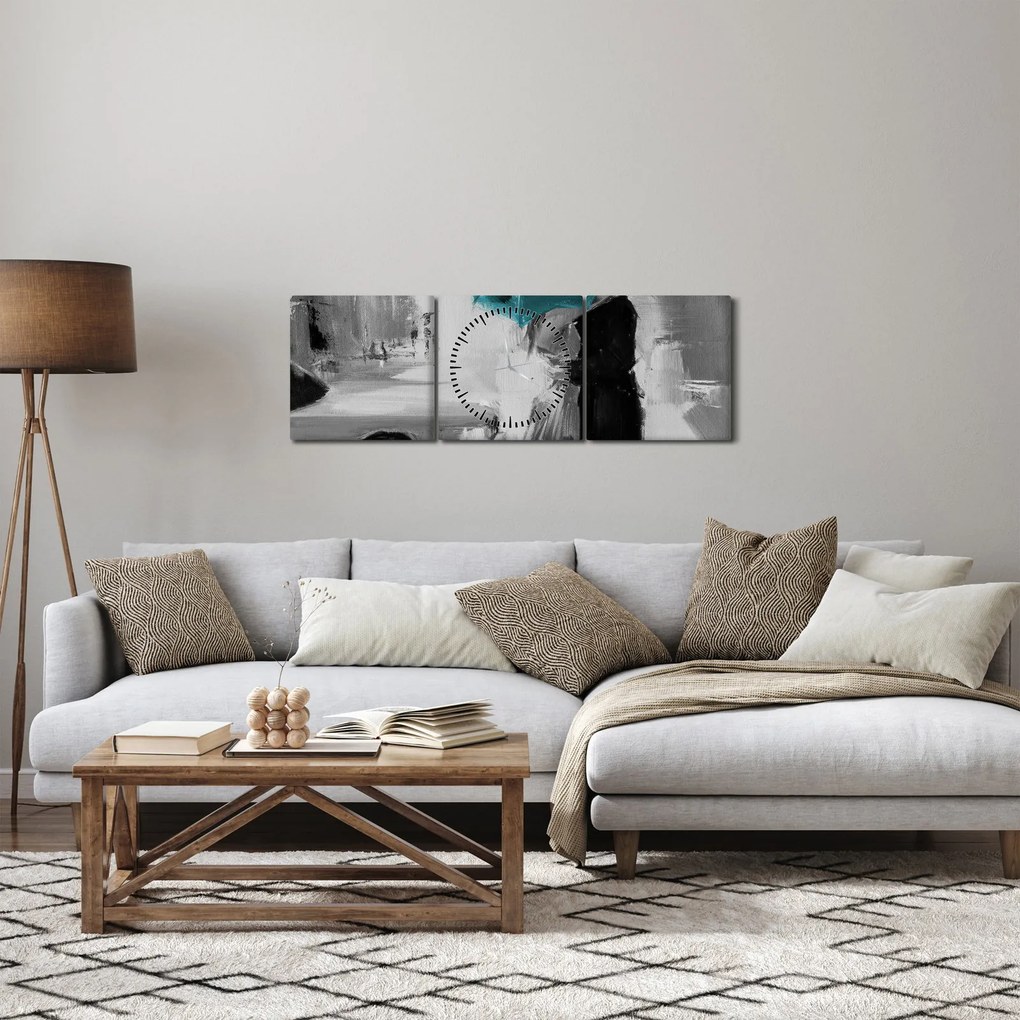 Obraz - Zakochana para z parasolem, niebieski (z zegarem) (90x30 cm)