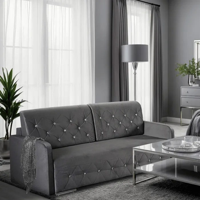 Sofa Rozkładana z Funkcją Spania VIVO Dwuosobowa Szara Glamour do Salonu