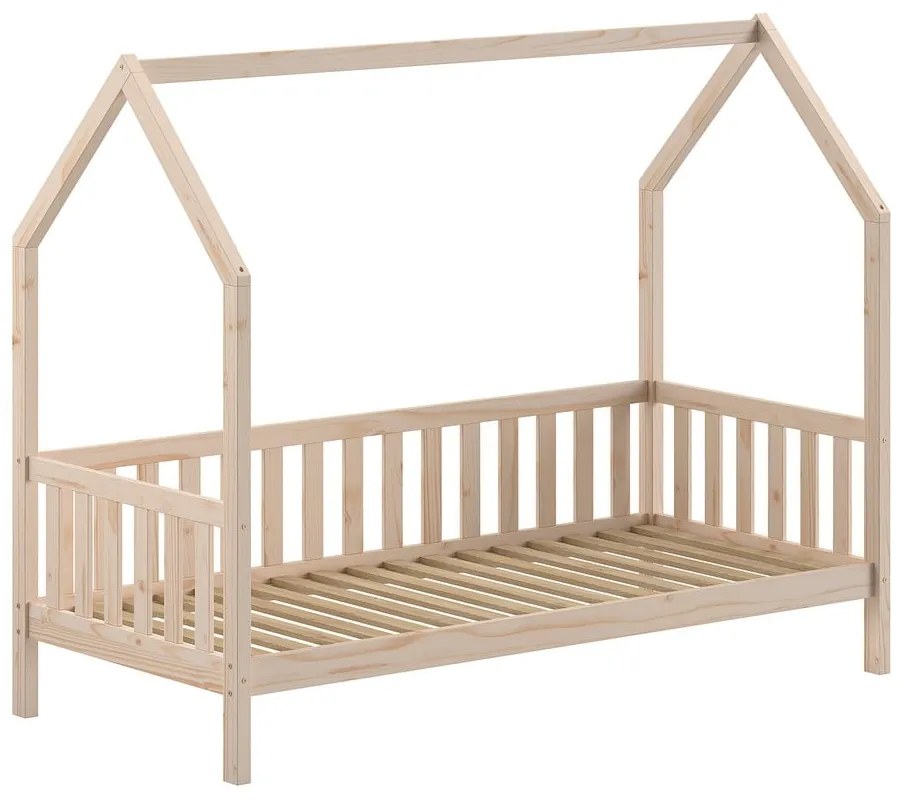 Łóżko dziecięce z litego drewna sosnowego w kształcie domku ze stelażem 90x200 cm Cabane – Vipack