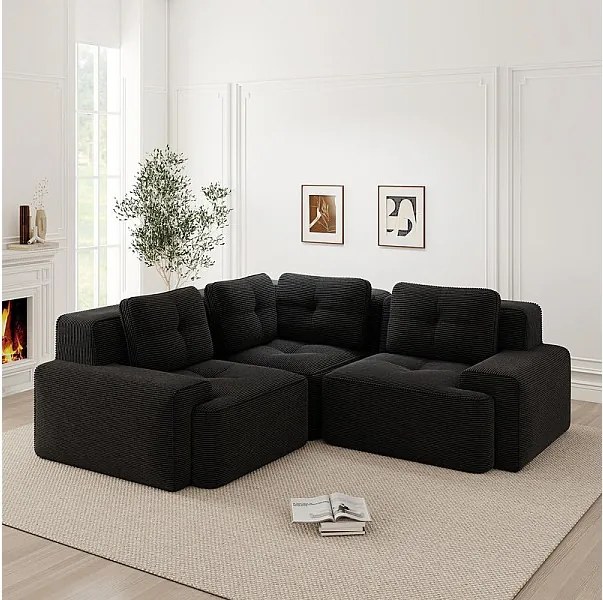 Canapé d'angle gauche modulable en velours côtelé, avec 4 coussins, 177x177x69cm, Noir