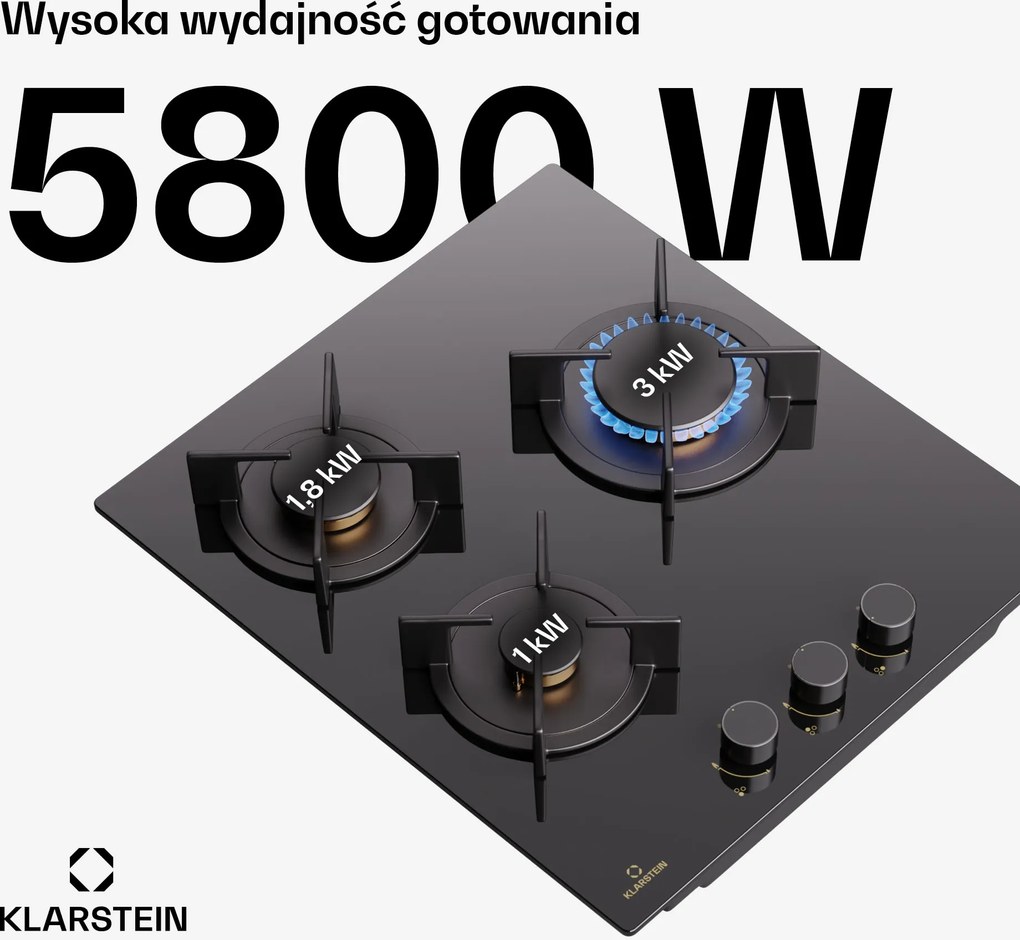 Klarstein Goldflame 45cm Płyta gazowa 3 palniki Czarny