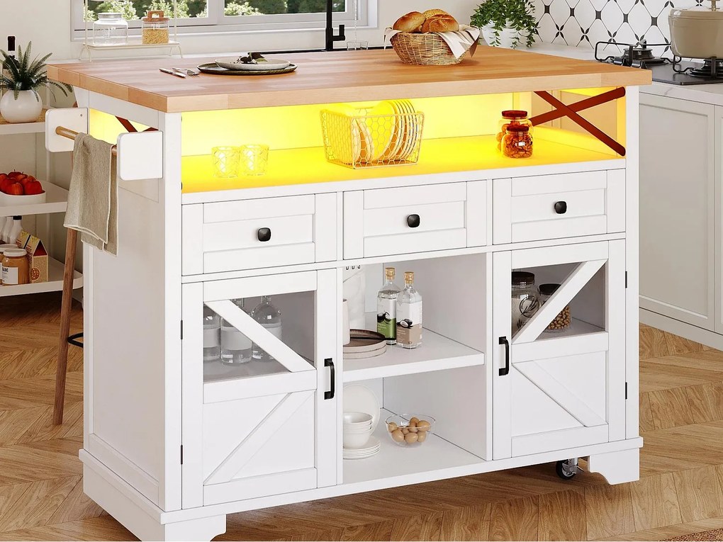 Mobilna centralna wyspa kuchenna - Blat rozsuwany - 120x71x98cm - z LED - 2 drzwi i 3 szuflady - otwarte półki - Biały