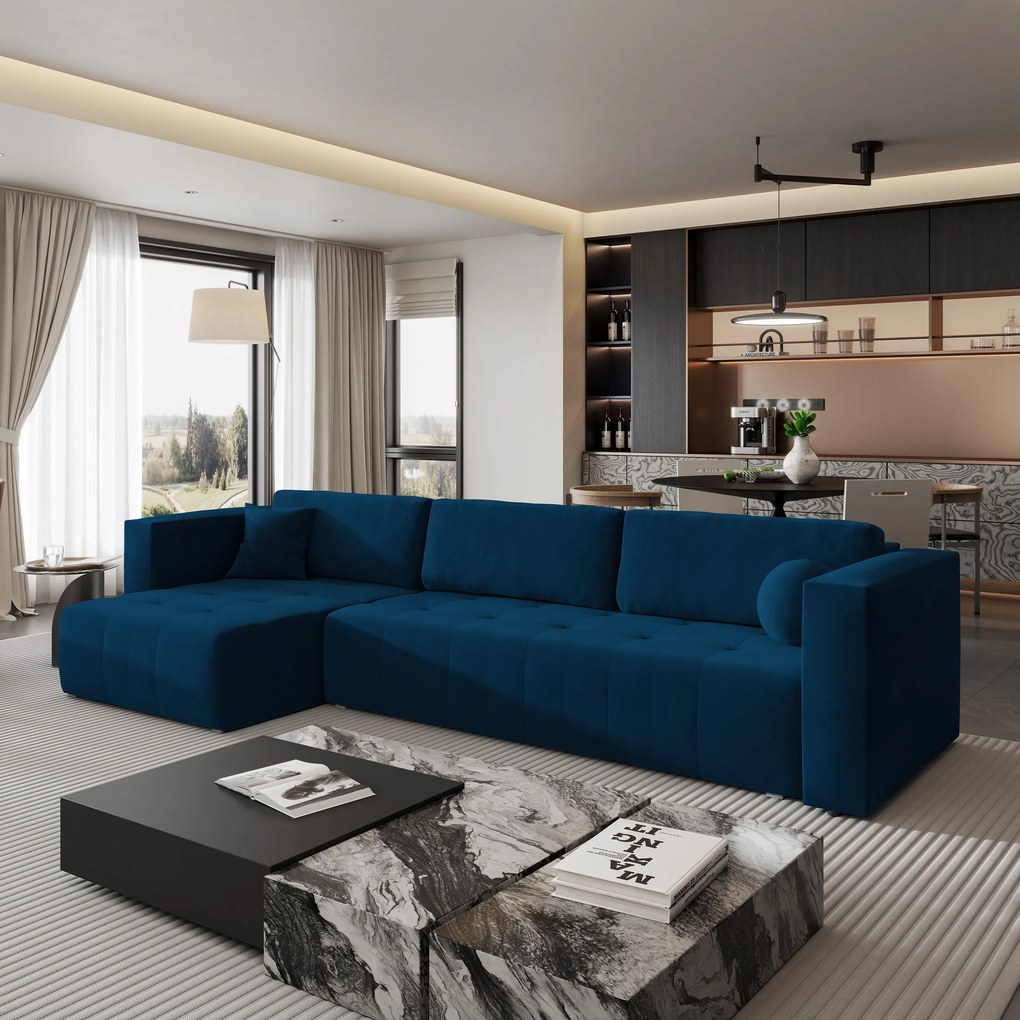 Masseno Narożnik OLVERA z funkcją spania i pojemnikiem na pościel Narozniki L, Rozkładana sofa - Niebieski, KRONOS 09