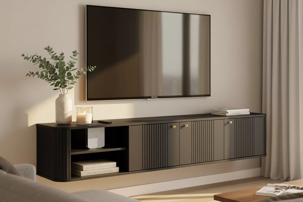 Szafka RTV Vesper 3D wisząca 187 cm na cokole - czarny / złote uchwyty