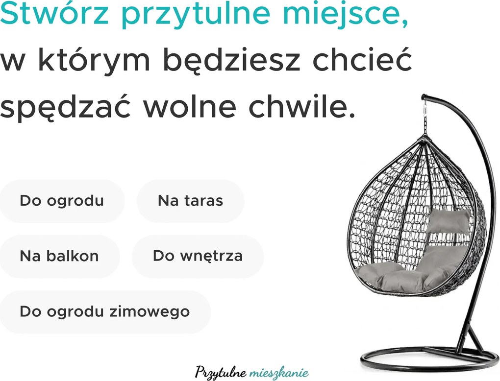 Fotel wiszący biały KOKON bez stojaka, szara poduszka
