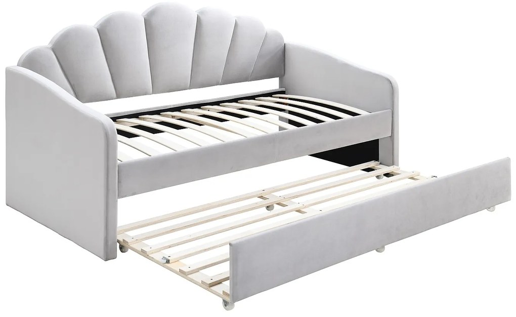 Łóżko wysuwane muszla 2 x 90 x 190 cm - Welur - Jasnoszary - ELUSIA