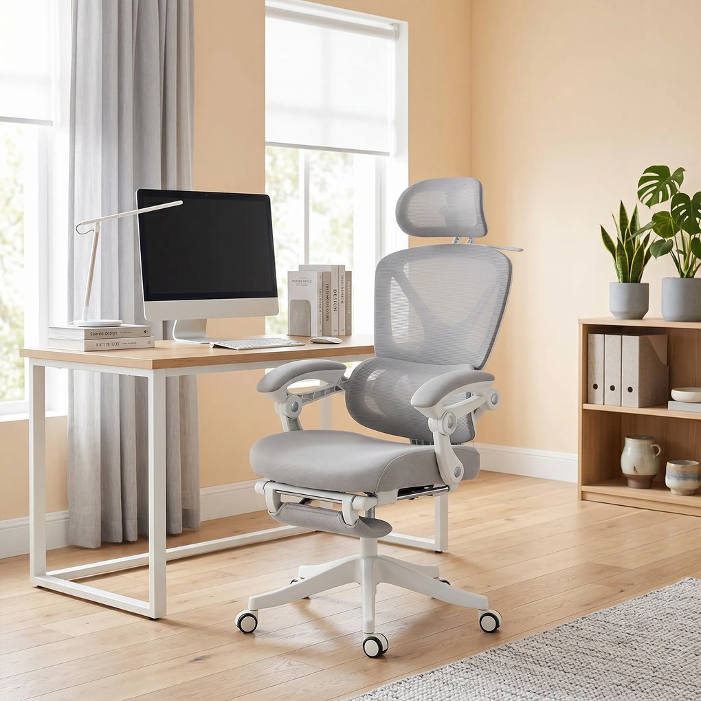 HOMCOM Fotel biurowy, ergonomiczne krzesło biurowe z podnóżkiem, funkcją kołysania, podłokietnikami, siatka, szary | Aosom PL
