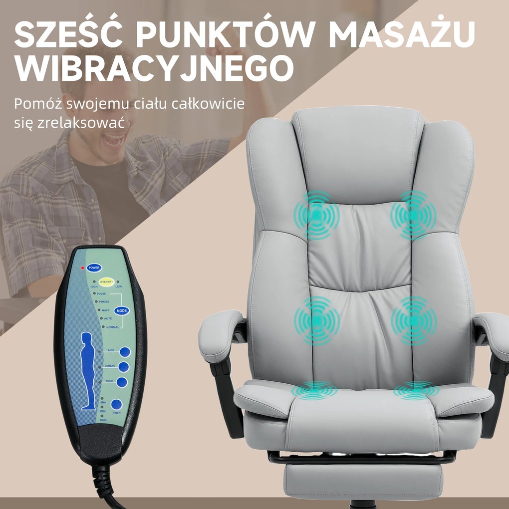 Vinsetto Obrotowy fotel biurowy z podnóżkiem, funkcją masażu, obszyty skórą ekologiczną, 68,5x68,5x113-121cm