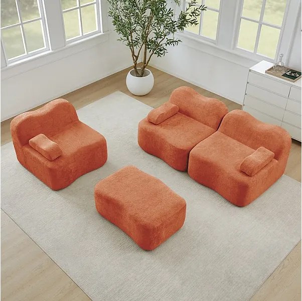 Canapé d'angle modulable en velours, avec pouf et coussin d'accoudoir, 288x167x70cm, Orange