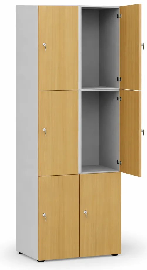 Drewniana szafka skrytkowa S4, 6 schowków, demontaż, zamek cylindryczny, szary/buk