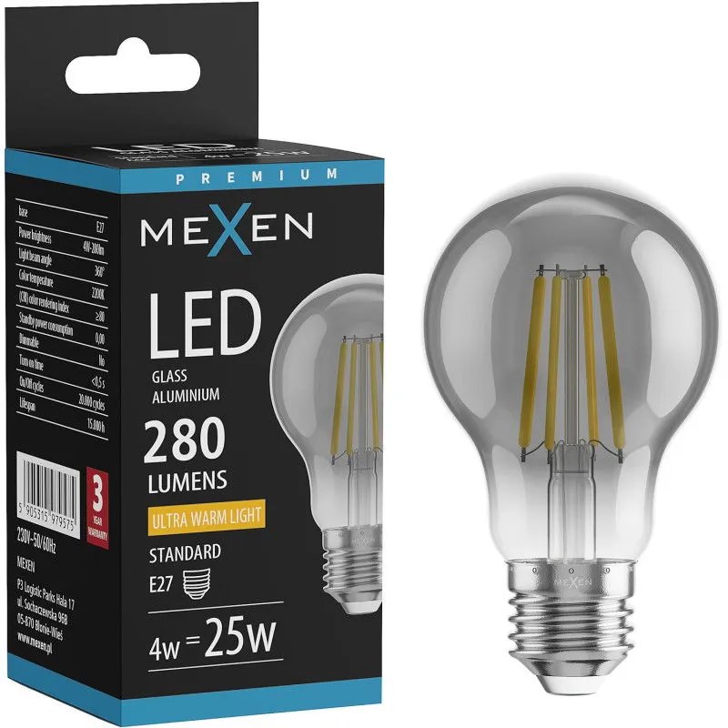 Mexen Vintis żarówka filament LED E27, A60, 4W, Ciepła - 2200K, 280 lm, smoke - L150-E27-0422-70