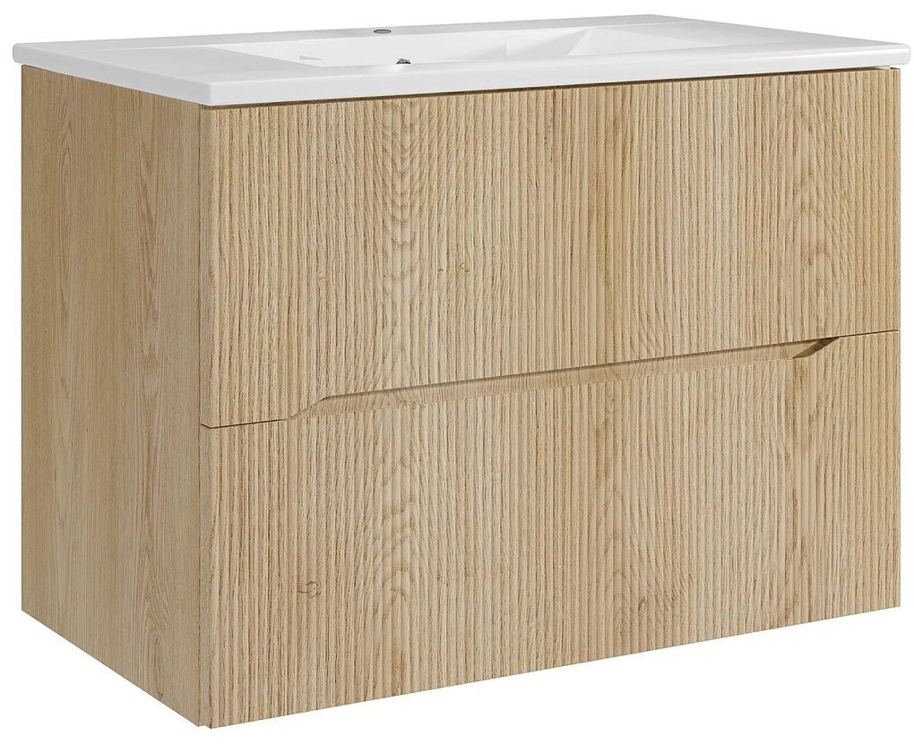 Podwieszana szafka łazienkowa prążkowana  z umywalką nablatową - Jasny naturalny - 80 cm - ORISO