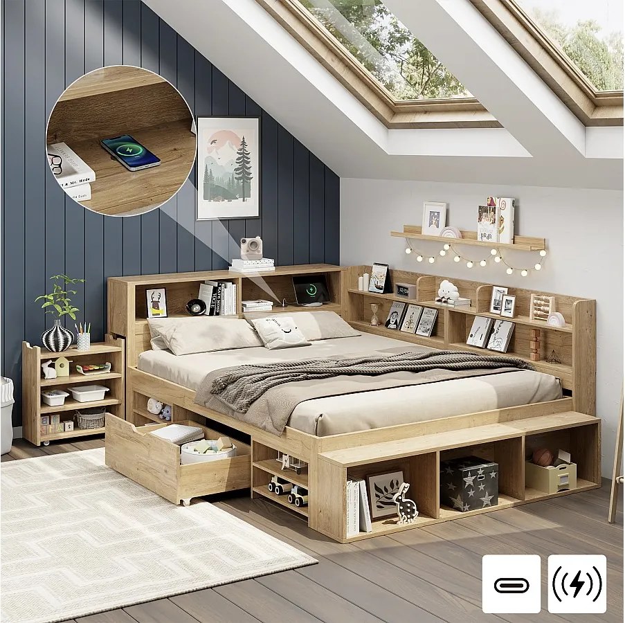 Łóżko dziecięce z pojemnikiem - 140 x 200 cm - z wysuwanymi szufladami nocnymi + półka - sklejka - naturalne
