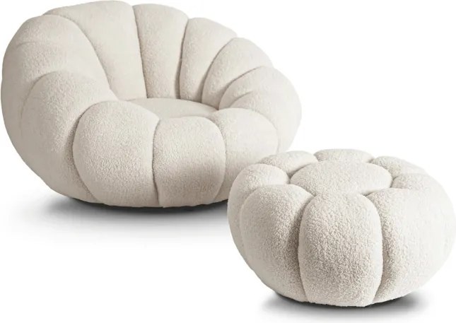 Fotel Wypoczynkowy Obrotowy PETTIT Kremowy z Pufą w Tkaninie Teddy Boucle