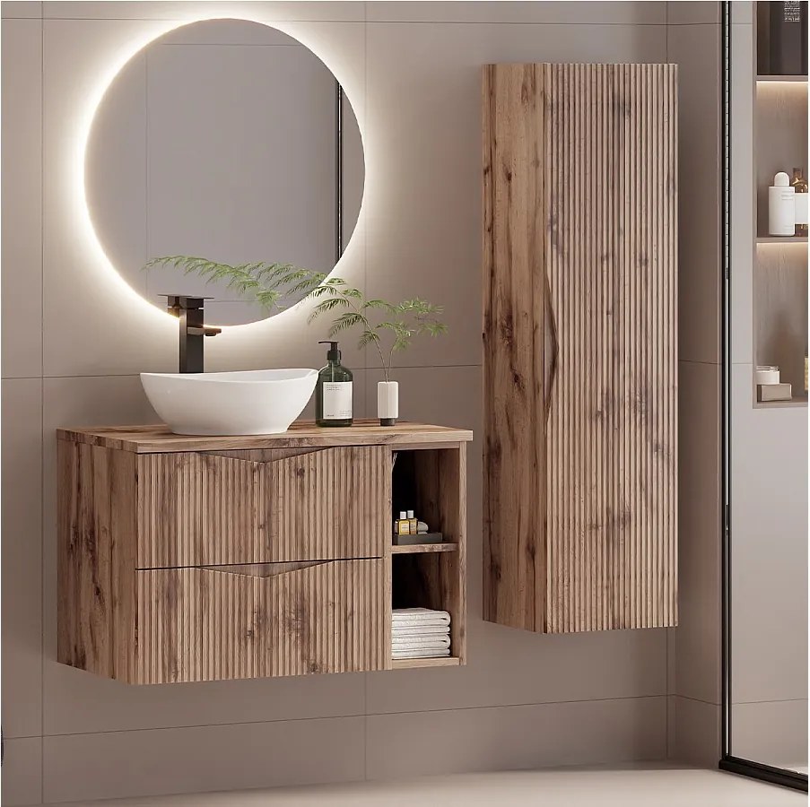 Zestaw do Łazienki 80cm Szafka Regał Blat Umywalka Słupek Ryflowane Fronty Dąb Wotan Cleo