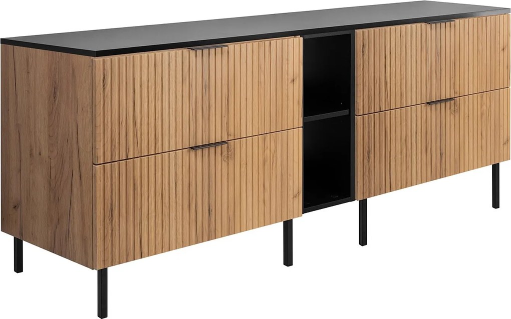 Szafka pod umywalkę, dąb Craft / czarny + czarny uchwyt, 180 (2 x 80 + 20) x 77 x 46 cm + blat, czarne nogi