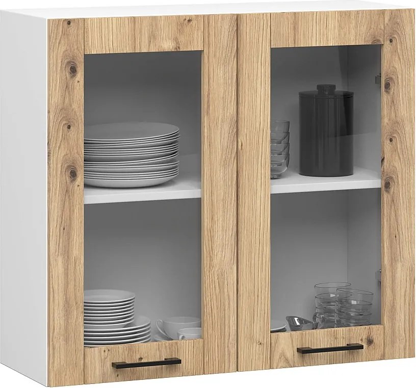 Szafka kuchenna wisząca witryna AKORD OLIWIA W80 H720 Biała 80 cm 2 drzwi kolor Dąb Artisan mat 2 półki 80x30,5x72 cm