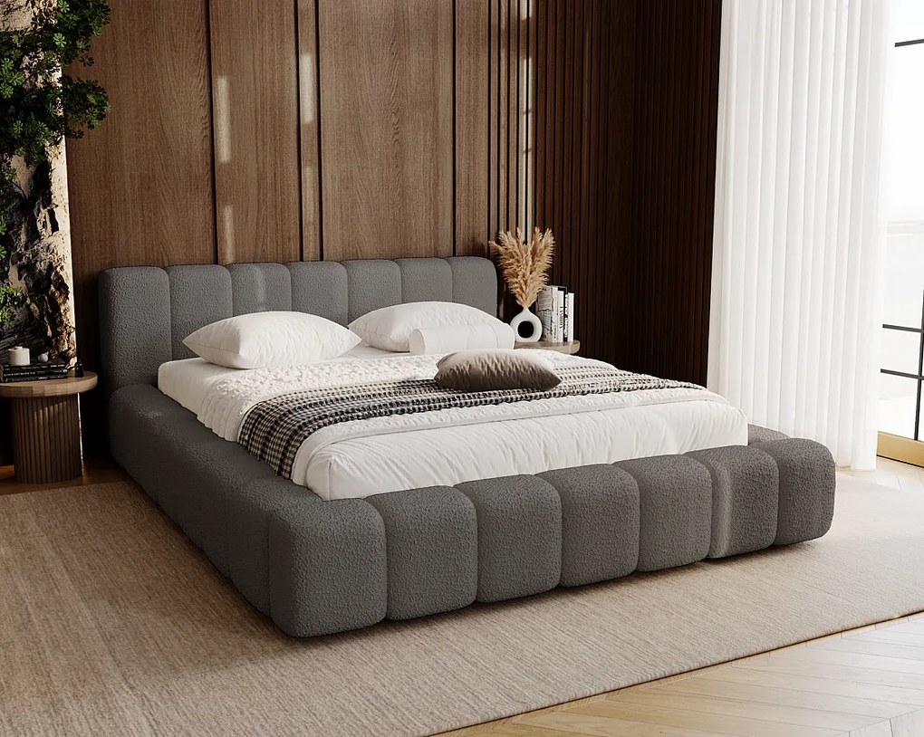 Emporius Bolonia łóżko 180x200 cm - łóżko tapicerowane 180x200 w nowoczesnym stylu - pojemnik, stelaż, gruba pianka, tkanina boucle, ciemny szary (Anthology 18)