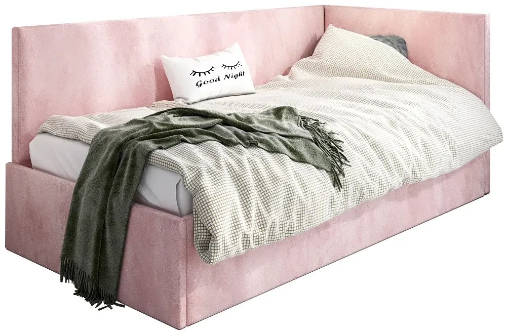Różowe łóżko narożne z pojemnikiem na pościel W4-Z72