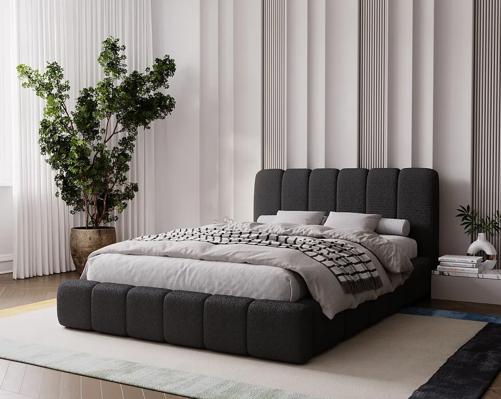 Emporius Milan łóżko tapicerowane 160x200 - pufiaste łóżko do sypialni, łóżko z pojemnikiem i stelażem - tkanina boucle, czarny (Anthology 19)
