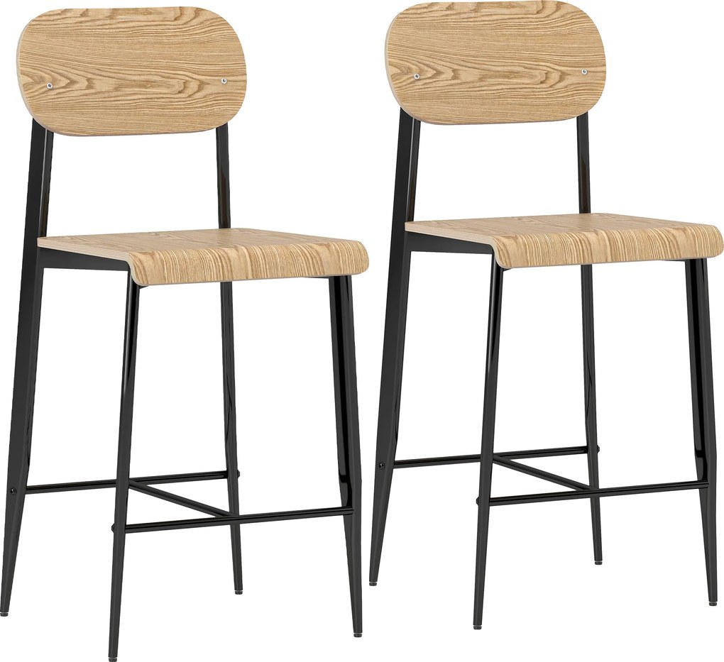 HOMCOM Zestaw 2 Stołków Barowych z Oparciem i Metalową Ramą, Drewno, Jasnobrązowy