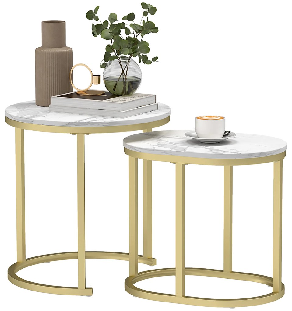 HOMCOM Zestaw 2 stolików kawowych, Okrągły i owalny stolik, składane, imitacja marmuru, Stal, Ø50 x 50,5 cm, Biały