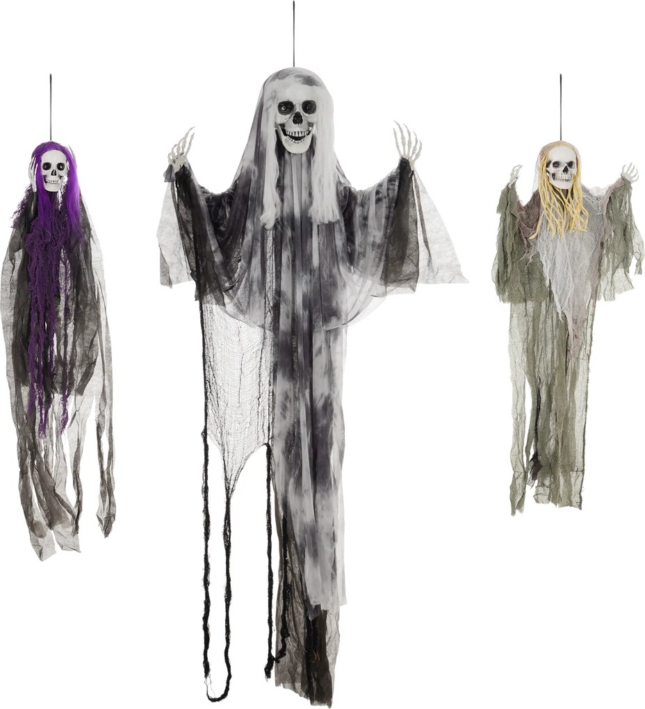 HOMCOM Wiszące Duchy-Szkielety, Zestaw 3 szt., Dekoracja na Halloween, Regulowane Ramiona, 150cm